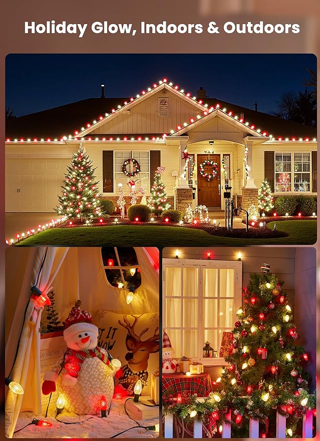 Christmas Pathway Lights Outdoor, 2 Pack 26 Ft 20 LED C9 Strawberry String Lights with Stakes, Connectable Waterproof Outside Christmas Lights Marker for Path, Lane, Patio Decor, Red & Warm White