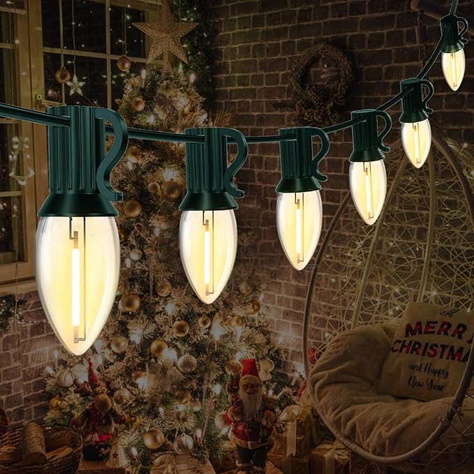 12FT C7 LED Christmas Lights Outdoor Indoor, Plug in Warm White String Lights for Porch, Railing, Staircase, Patio Decor, Green Wire