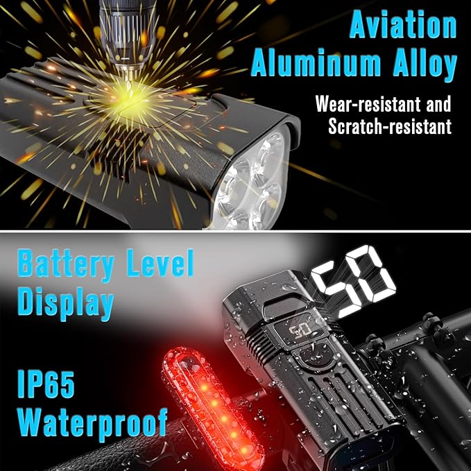 Super Bright Real 2000 Lumens Bike Lights for Night Riding,Rechargeable Bicycle Lights Front and Rear,Road Mountain Bike Headlight and Taillight,IP65 Waterproof Bicycle Headlight