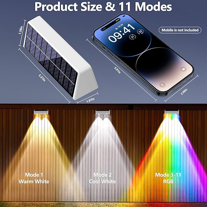 Brizled White Solar Fence Lights Outdoor, 11 Modes & 9 Colors Color Changing Solar Wall Lights, 100 Lumens IP65 Waterproof Outdoor Deck Lighting for Railing Wall Fence Poolside, 8 Pack