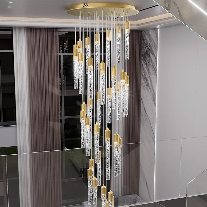 Flashing God Gold 28 Lights Large Foyer Chandeliers for High Ceilings 12 feet Long Spiral Stair Pendant Chandelier Crystal Ceiling Light Fixtures Dimmable 2700k-4500k-6000k