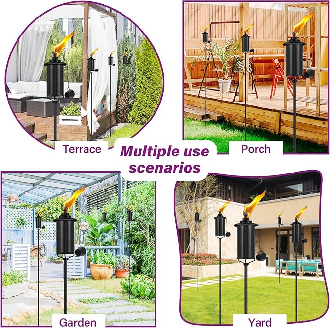 Home Garden Torch Set of 6, 16oz Outdoor Metal Torch Garden Décor, 59-Inch Upgraded Citronella Torches with 3-Prong Grounded Stake, Metal Light Torches for Party Patio Pathway