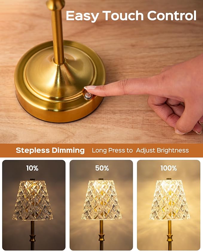 JACKYLED Cordless Lamp Rechargeable, Acrylic Crystal Lampshade, 3 Colors with Built-in Dimmer, 5400mAh Battery Operated, Wireless Lamp for Kitchen Counter Bedroom Living Room
