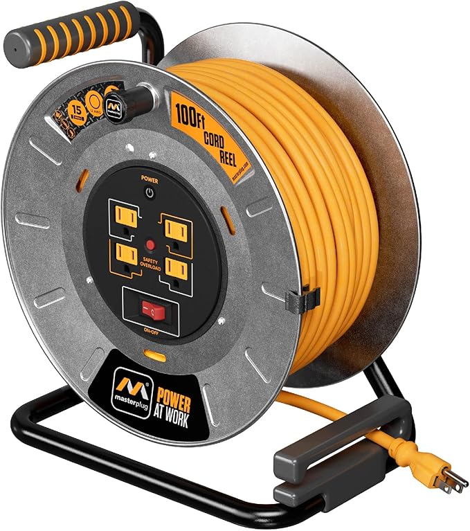 Masterplug 100ft Cord Reel, Metal Cable Drum, Retractable Extension Lead with Winding Handle, Safety Overload Circuit Breaker and Power Switch, 4x Grounded Outlets, 15amps, 12AWG Cable
