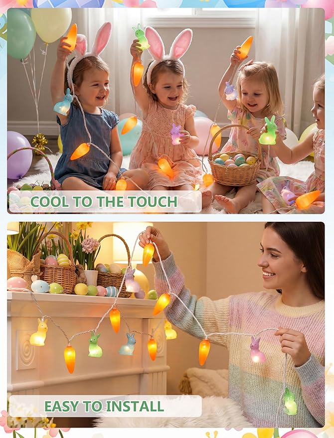 Easter Bunny Carrot String Lights, 8.5ft 10 Count Connectable Plug in Rabbit Light, UL Certified Multicolor Decor for Kids Bedroom Easter Tree Window Spring Holiday