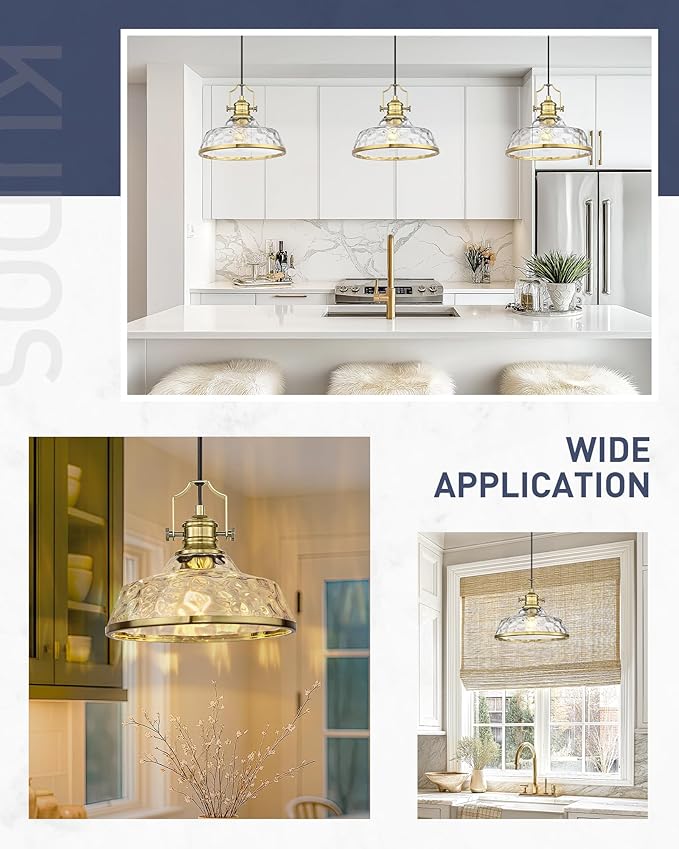 kudos Gold Pendant Lights Kitchen Island, 11" Brass Kitchen Island Lighting with Clear Hammered Glass Shade, Farmhouse Hanging Light Fixture for Kitchen Sink Dining Room Hallways, KDPL13-GD-H