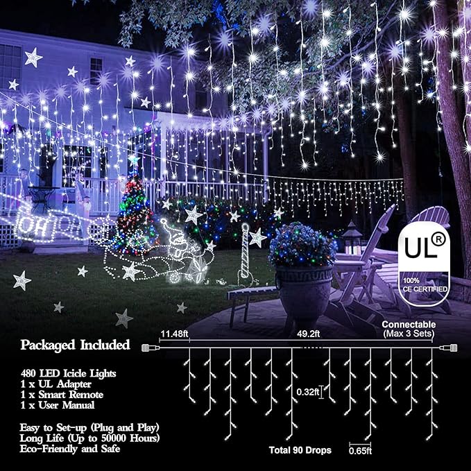 480 LED 49FT Christmas Lights Plug in 8 Modes with Timer Dimmable Ice Lights Outdoor Waterproof Indoor Ice String Lights for Roof Porch Garden Holiday Wedding Xmas Decor (Cool White)