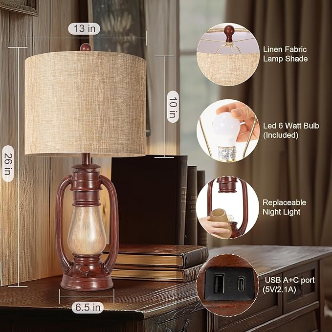 26'' Miner Table Lamps Set of 2 for Bedroom, Rustic Bedside Lamps with Nightlight, Farmhouse Lantern Nightstand Lamps with USB A+C Ports, Decor for Living Room, Study, Home Office (Bulb Included)