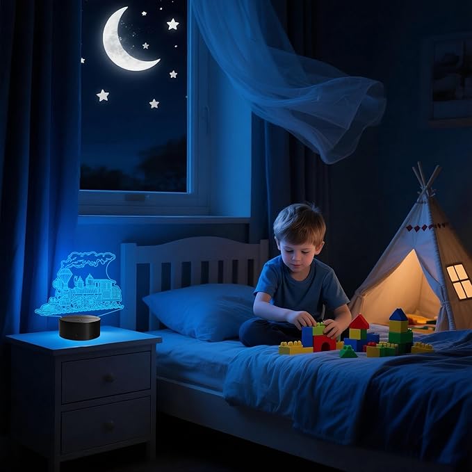 Train Night Light, Stream Train Gifts, 3D Illusion Lamp with Remote Control, 16 RGB Colors, 4 Flashing Modes, Timer, Kids Room Decor