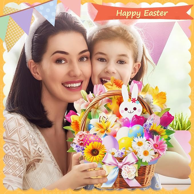 3D Pop Up Easter Flower Basket Card with Music & Lights – Bunny, Eggs, Lily, Tulip, Daisy Bouquet – Envelope Included – Gift & Decoration