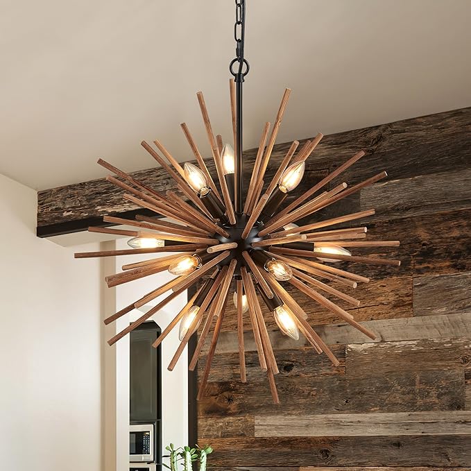 23.6" Farmhouse Sputnik Chandelier for Dining Room Rustic Handmade Natural Wood 12-Light Hanging Ceiling Pendant Light Fixture Starburst Wood Chandeliers for Kitchen Bedroom Foyer Hallway