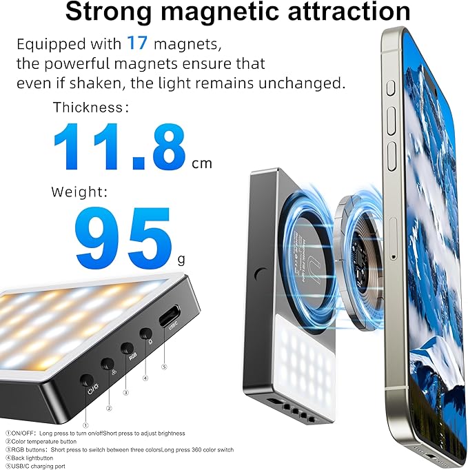 Magnetic Selfie Fill Light for Phone, LED Dual-Sided Portable Video Light, Compatible with iPhone MagSafe, Color Temperature 2700-7500K, for Photoshoot Video Recording Vlog Live Streaming
