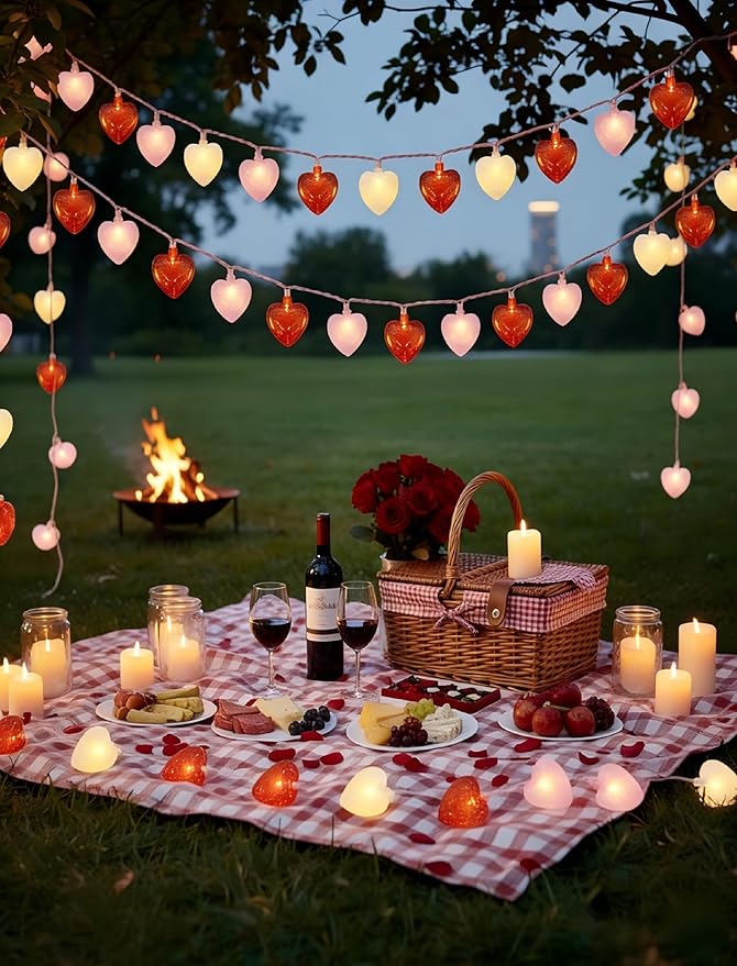 12Ft Heart String Lights, Valentines Day Decorations Lights with 20 LED Glitter Red White Pink Heart Light, Plug in Fairy Lights for Wedding Anniversary Proposal Valentines Day Decor