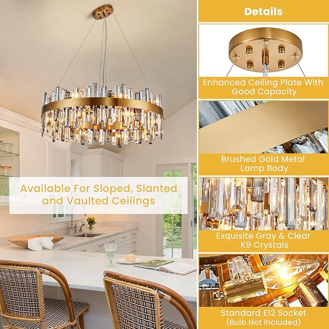 Siljoy 16 Lights Modern Crystal Chandelier Luxury Gold Round 2-Tiers Raindrop Crystal Chandelier Flush Mount Pendant Ceiling Light Fixture for Dining Room Living Room Entryway Foyer D31.5'' x H9.8''