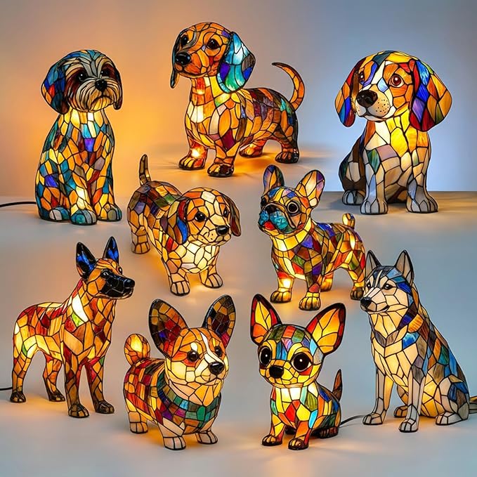 Rainbow Puppy Lamp Stained Glass Dog Night Light 3D Retro Stained Resin Rainbow Pup Lights Charge Powered Table Lamp Puppy Glow Lamps for Home Bedroom Desk (J)