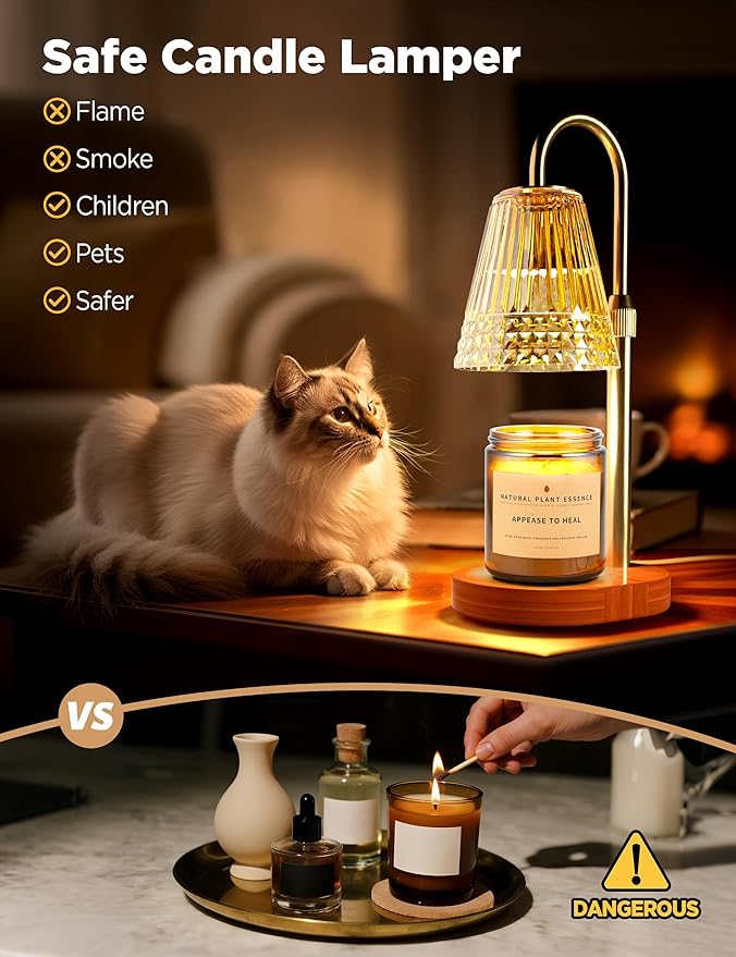 TATAANTY Candle Warmer Lamp with Timer Dimmable, Height-Adjustable Candle Warmer with 2 Bulbs, Gifts for Women, Golden Shade, Wood Base