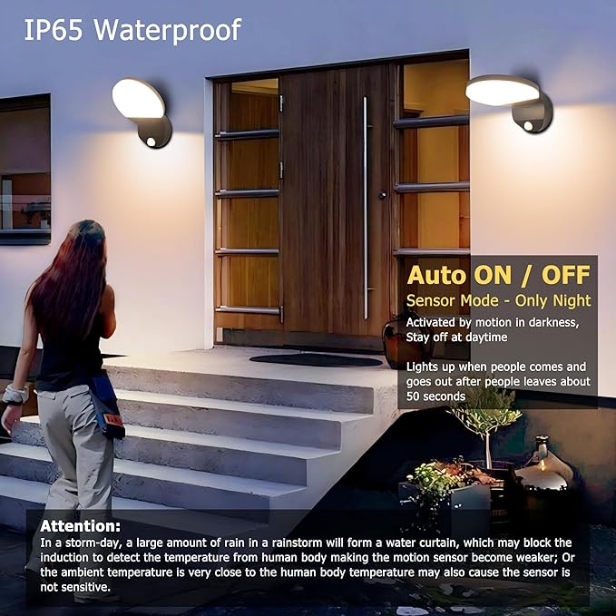 Motion Sensor Outdoor Wall Light 18W 1980LM Black Round LED Porch Lights IP65 Waterproof Wall Sconce Lighting 350°Rotating 180° Foldable Exterior Patio Wall Light Fixture for House