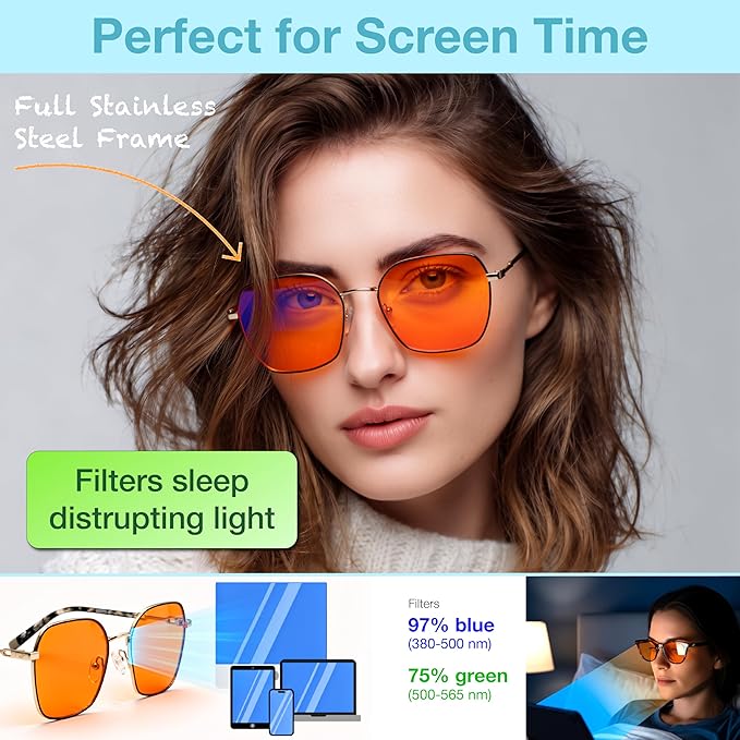 Orange Blue Light Blocking Glasses for Better Sleep - Premium Stainless Amber Orange Computer Migraine Glasses for Women & Men - Amber fl 41 Gaming Blue Light Blockers for Eye Strain & Fatigue