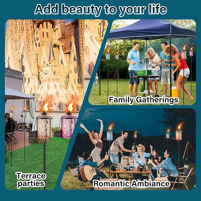 4 Pack Glass Citronella Torches, Modern Landscape Lanterns with 3-Prong Grounded Stake, Refillable Flame Light Torch for Garden Yard Patio Party Decor (Colorful)