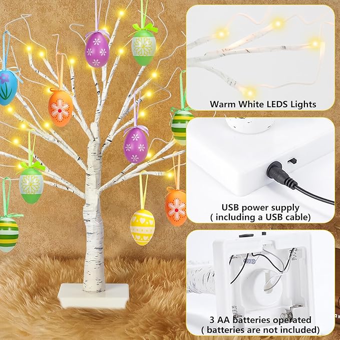 24" Easter Lighted Birch Tree with 12pcs Ornaments,Warm White LEDs Birch Tree Light Tabletop Artificial Tree 8 Lighting Modes USB or Batteries Operated with Timer for Easter Decor