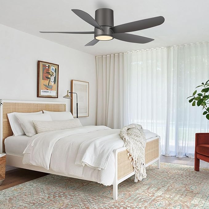 52" Outdoor Ceiling Fan with Light and Remote, ABS Blades, Low Profile Flush Mount Ceiling Fan, Dimmable LED light, Noiseless Reversible DC Motor, for Bedroom/Living Room/Porch (Charcoal Gray)