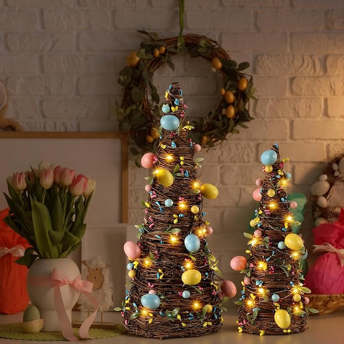 Soulchen 2 Pcs Easter Rattan Cone Tree Decoration Artificial Table Tree with Pastel Berries LED Lights for Easter Porch Kitchen Mantle Table Decor Spring Centerpiece Decorations