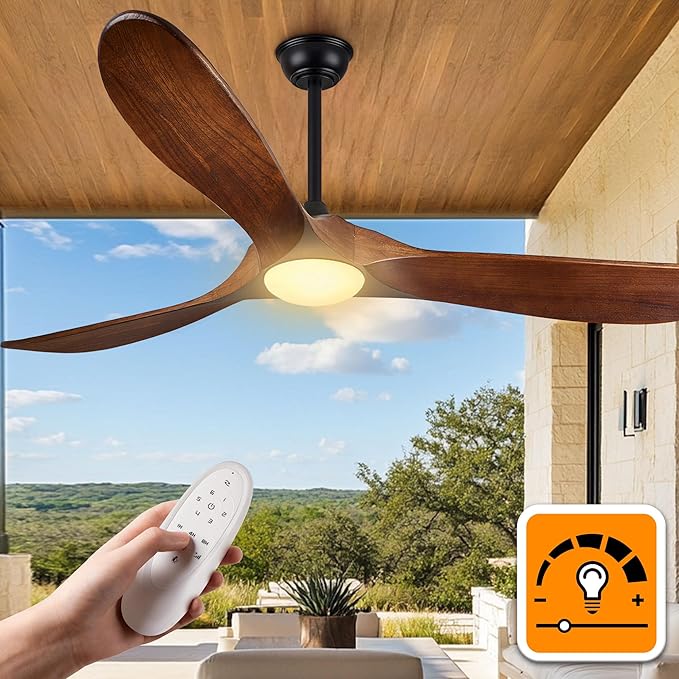 Haipeel 52 Inch Outdoor Ceiling Fans with Lights, Propeller Solid Wood Ceiling Fan with Light and Remote Control 3 Blades Outdoor Fans Quiet for Patios Farmhouse Bedroom, Dark Walnut