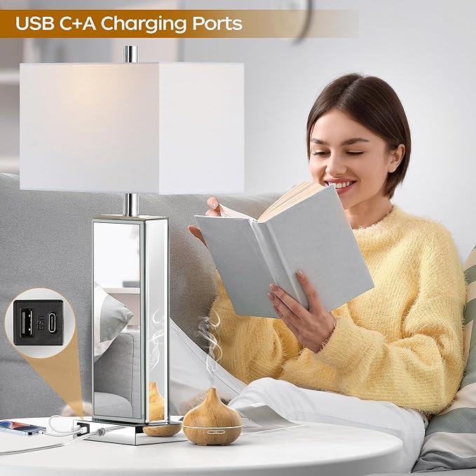 PARTPHONER Modern Mirror Table Lamp Set of 2 - Touch Control 3-Way Dimmable Bedside Lamps with USB-C/A Ports, Silver Diamond Crystal Accent & White Fabric Shade for Bedroom, Living Room, Nightstand
