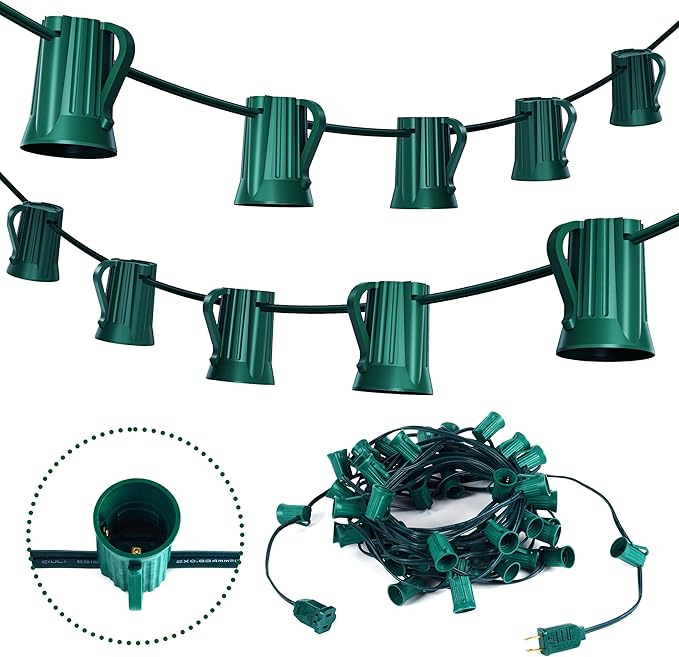 Brightown C9 Light Strand, 50FT Green Cord Outdoor String Lights Christmas Stringer with 12" Socket Spacing, C9/E17 Intermediate Base Indoor/Outdoor Stringer Set for Christmas Decor Patio