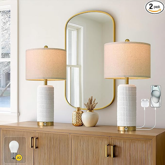PoKat Touch Bedside Table Lamps with USB Ports for Bedroom, 25'' Dimmable Nightstand Touch Lamps for Night Stands, White Stone-Like Ceramic Lamps with Gold Base for Living Room End Side Table