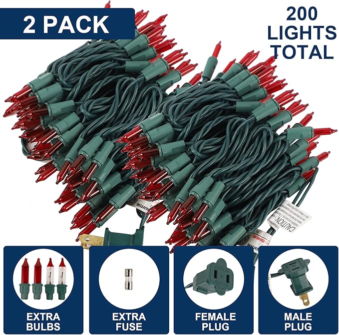 2 Pack Red Christmas String Lights, 100 Count Each, Incandescent Mini Christmas Lights, Connectable Xmas Tree Light for Indoor Outdoor Garland Birthday Holiday Wedding Festival Party