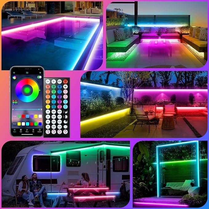 100Ft Outdoor LED Strip Lights, IP68 Waterproof RGB Color Changing LED Lights with IR Remote and APP, 24V Music Sync Light Strips, Flexible Outdoor LED Tape Lights for Garden Terrace-100Ft