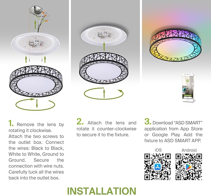 ASD 16 Inch Smart RGBW Flush Mount Ceiling Light with Remote - Matte Black 28W 120V 2700-6500K Dimmable Ceiling Light Fixture, WiFi App Control RGB Lights, Alexa & Google Assistant - ETL