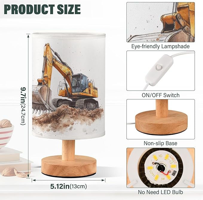 Construction Car Excavator Painting Table Lamp with Wood Base Fabric Lamp Shade Bedside Nightstand Desk Lamp for Living Room Bedroom Kids Room Office