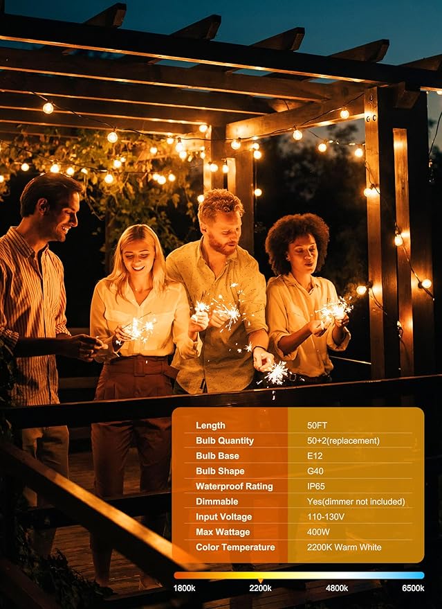 Outdoor String Lights – 50ft Connectable Patio Lights with 52 G40 LED Plastic Bulbs (2 Spare) Outside Vintage Hanging Light for Backyard Bistro Balcony Porch Party Wedding, E12, 2200K, Black