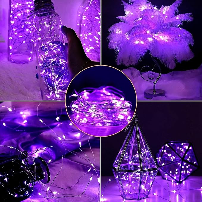 YEGUO 4 Pack Purple Solar Fairy Lights, Each 33ft 100 LED Christmas Lights Outdoor Waterproof, 8 Modes Sliver Wire Solar String Lights