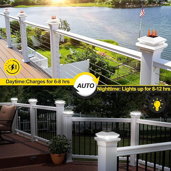 T-SUN Solar Post Cap Lights Outdoor 2 Pack, 2 Modes LED Fence Post Solar Lights Fit for 4x4 5x5 6x6 Vinyl/Wooden Posts, Waterproof Deck Post Lights Solar Powered for Garden Patio Gate Porch