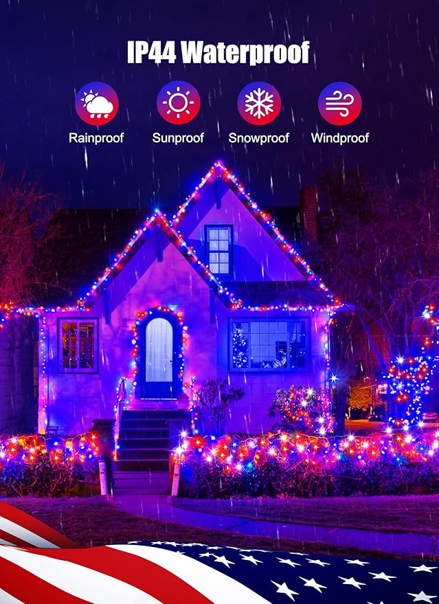 Red White Blue String Lights Plug in with Adapter,100 LED 33 Feet 4th of July Decoration Patriotic Mini Lights with Remote, Waterproof for Indoor Bedroom Wedding Party Holiday Independence Day