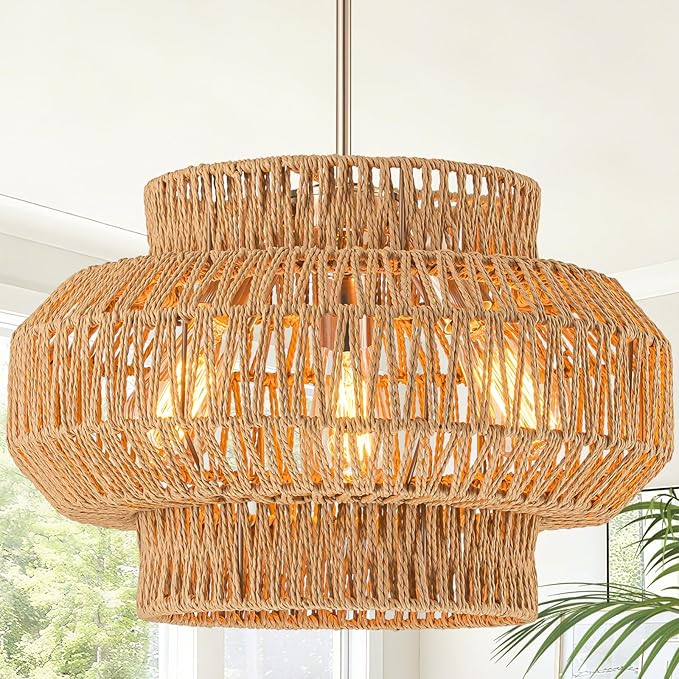 17.7'' Rattan Pendant Light,3-Light Boho Chandelier,Dinning Lighting Fixture Hand Woven Shade Boho Hanging Light Wicker Chandelier for Bedroom Kitchen Island Farmhouse Living Room Light Fixture