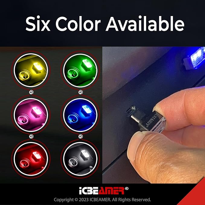 ICBEAMER Type C Adapters Atmosphere Light - 2-Pack (Purple) | Universal Plug-in Miniature Night Light | LED USB Car Interior and Trunk Ambient Lighting Solution