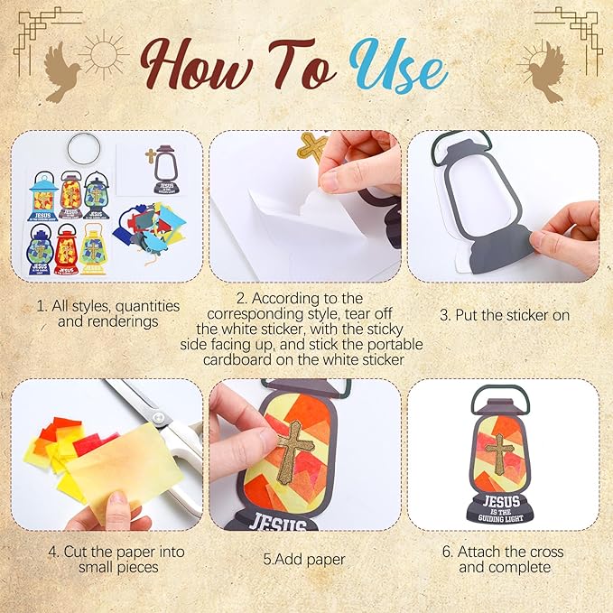 30 Sets Easter Crafts Christian Sunday School Craft for Kids Jesus Lights The Way Tissue Sign Lantern DIY Religious Oil Lamp Tissue Paper Christian Gift for Camping VBS Church Activity