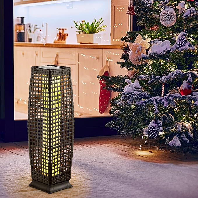 Tangkula 2-Piece Outdoor Solar Powered Floor Lamps, IP65 Waterproof Wicker Floor Lamps with Auto On/Off LED Light, Outdoor Decorative Lanterns for Garden Patio Porch Deck Pathway (Cross-Mix Brown)