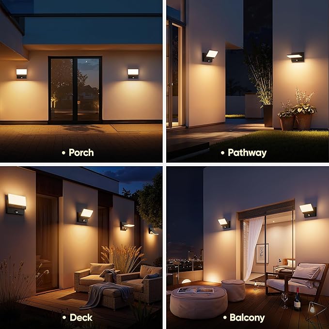 Motion Sensor LED Outdoor Wall Light 2-Pack, Rotatable Adjustable Wall Sconce, IP65 Waterproof Porch Light for House Garage Patio, 3000K Warm White, Matte Black Aluminum