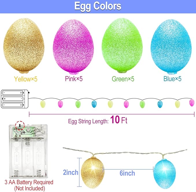 Easter Decorations Easter Lights String, 10FT 20LED Egg Light with Timer, Colorful Eggs String Lights Battery Operated Fairy Lights Garland Easter Decor for Home Bedrooms Window Tree Indoor Outdoor