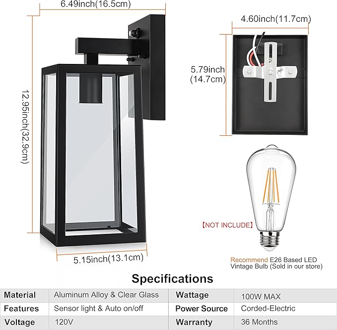SHINE HAI Dusk to Dawn Outdoor Wall Lantern, Exterior Sconce Fixtures with E26 Sockets & Glass Shades, Waterproof Porch Wall Mount Lighting, Outdoor Lantern for Patio Front Door Entryway, 2 Pack