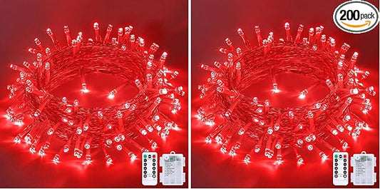 JMEXSUSS 33ft 100 LED Red Battery Operated Lights with Remote, Valentine Lights Battery Operated, Christmas String Light Indoor Outdoor for Valentine's Day Tree House Yard Xmas Decor (Pack of 2)