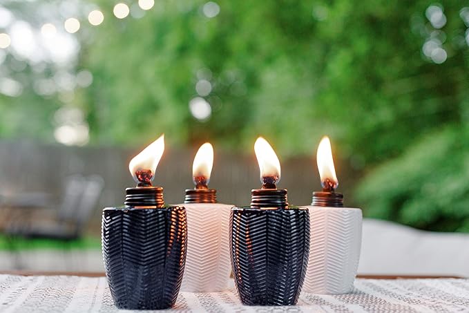 TIKI Brand Glass Table Torch, Decorative Outdoor Torch for Patio, Lawn, and Backyard, Herringbone Blue 3-Pack 5.75 Inch, 1118114