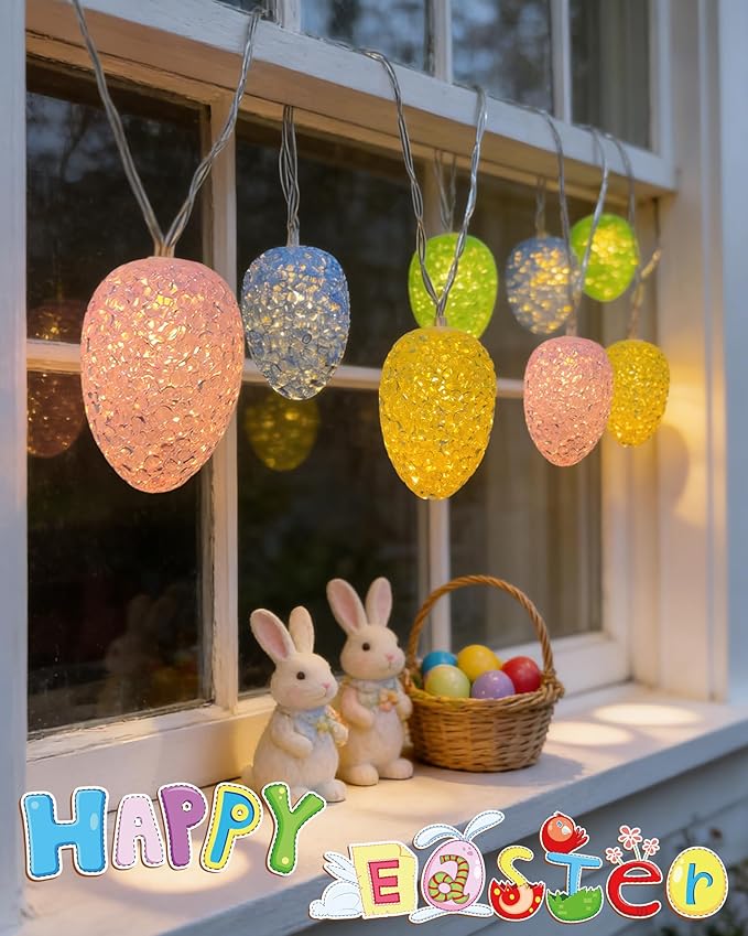 Easter Egg Lights Battery Operated 6.8Ft Easter Lights String 10 LED Egg Shaped Light with Timer, 8 Mode Pastel Decorations Light for Indoor Bedroom Home Party Fireplace Spring Themed Decor
