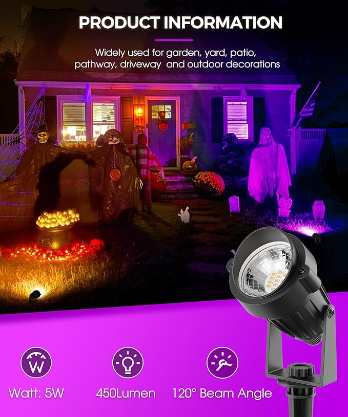 L LOHAS LED Christmas Spotlight Outdoor, Purple Halloween Spot Lights for Yard, Auto On/Off 5W 120V Landscape Lighting for House, Holiday, Trees, Decoration, 450LM IP66 Waterproof, UL Listed, 2 Pack
