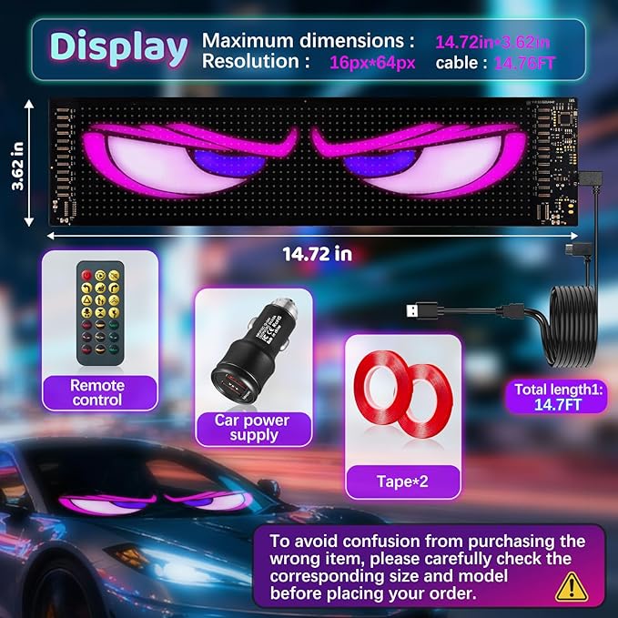 Eyes Led Lights for Cars 2PCS - 14.72x3.62In Customizable Display, USB Powered, App/Remote Control, Synced Dual Screen Led Windshield Eyes for Cars/SUVs/Medium Trucks